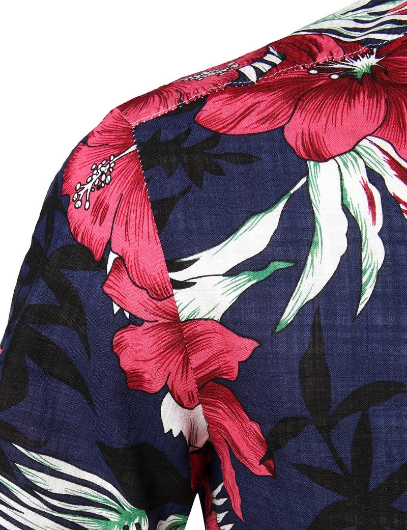 JOGAL Men's Flower Casual Button Down Short Sleeve Hawaiian Shirt X-Large Navy - Image 5